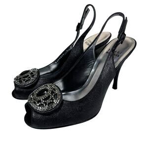 Stuart Weitzman Black Satin Crystal Embellished Slingback Peep Toe‎ Heels Size 7